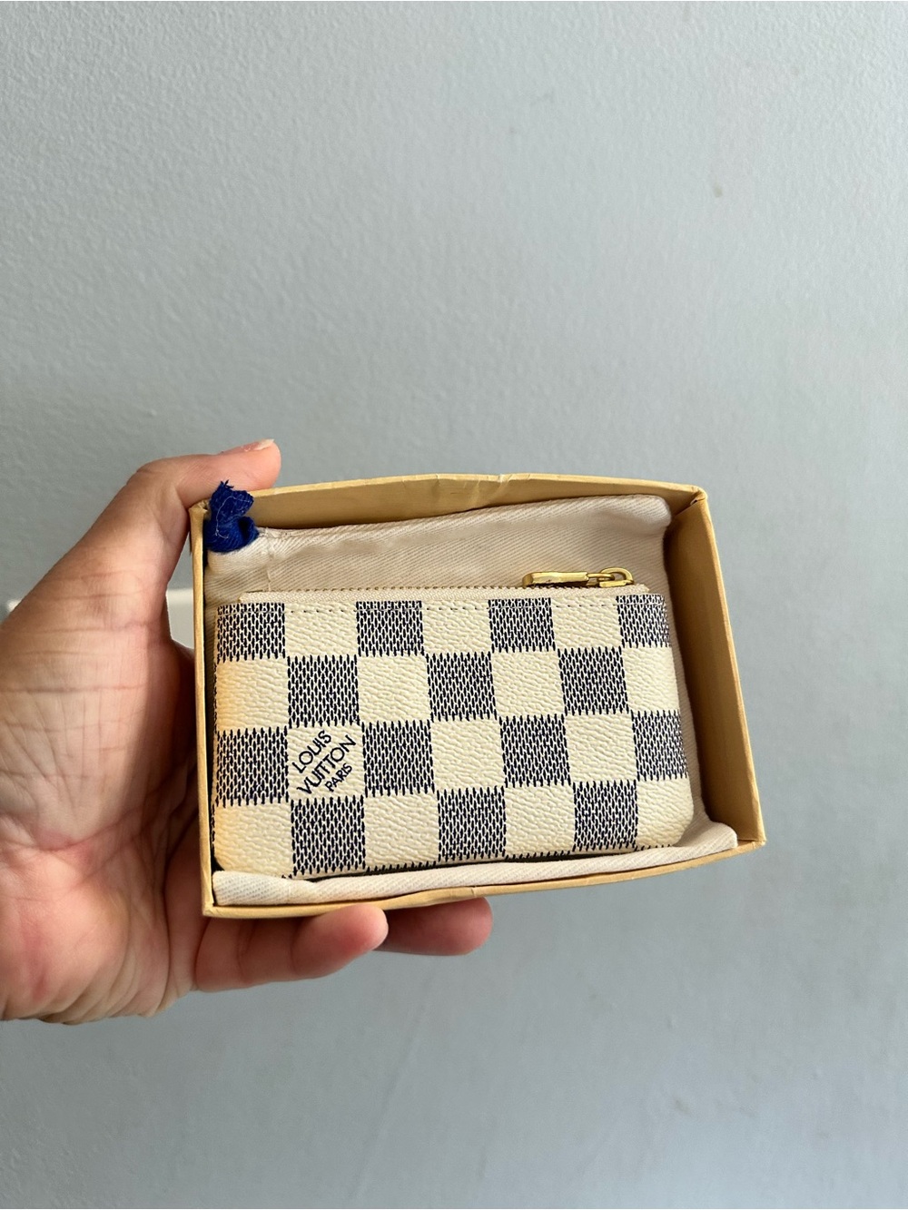 Louis Vuitton Beige and Brown Damier Coin Pouch with Blue Pull